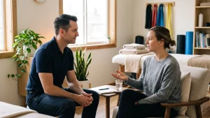 Physiotherapist in a consultation with a postpartum patient about pelvic floor recovery