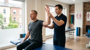 Physiotherapist assessing a patient's shoulder range of motion for swimmer's shoulder